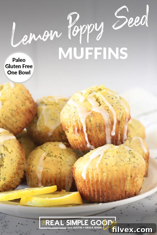 Vertical image with text overlay at top. Lemon poppy seed muffins piled on a plate with lemon glaze drizzled on top.