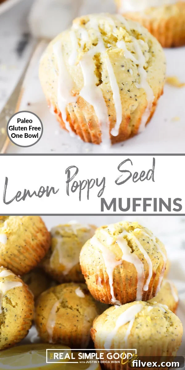 Vertical split image with text overlay in the middle. Top image is close up of one lemon poppy seed muffin with glaze drizzled on top. Bottom image is muffins piled on a plate with glazed drizzled on top.