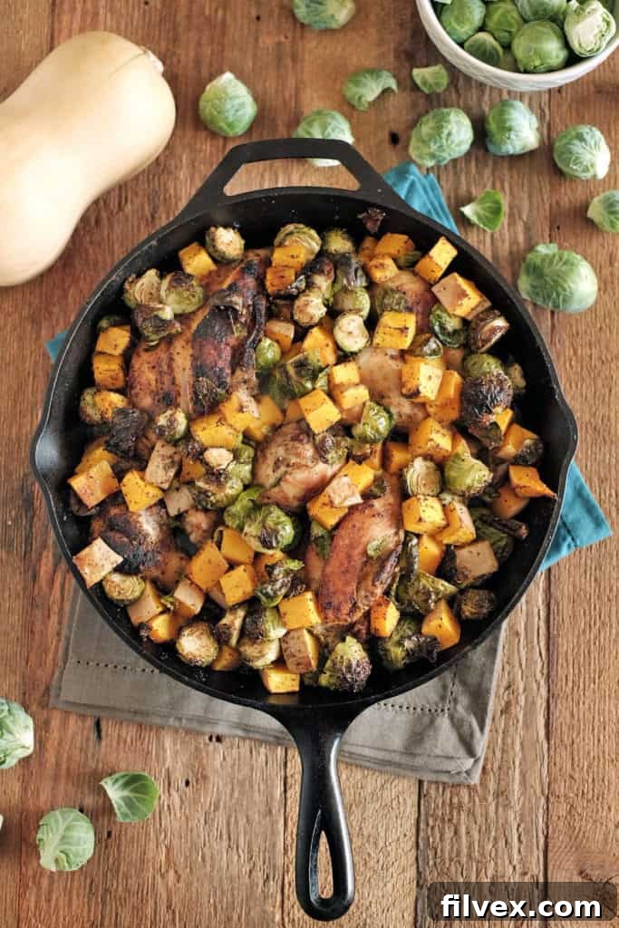 Crispy Chicken Skillet with Roasted Brussels Sprouts and Butternut Squash