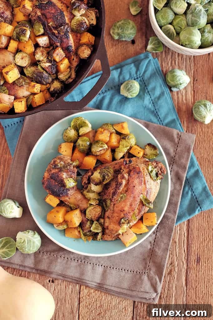 The finished Chicken Skillet with Brussels Sprouts and Butternut Squash, ready for serving