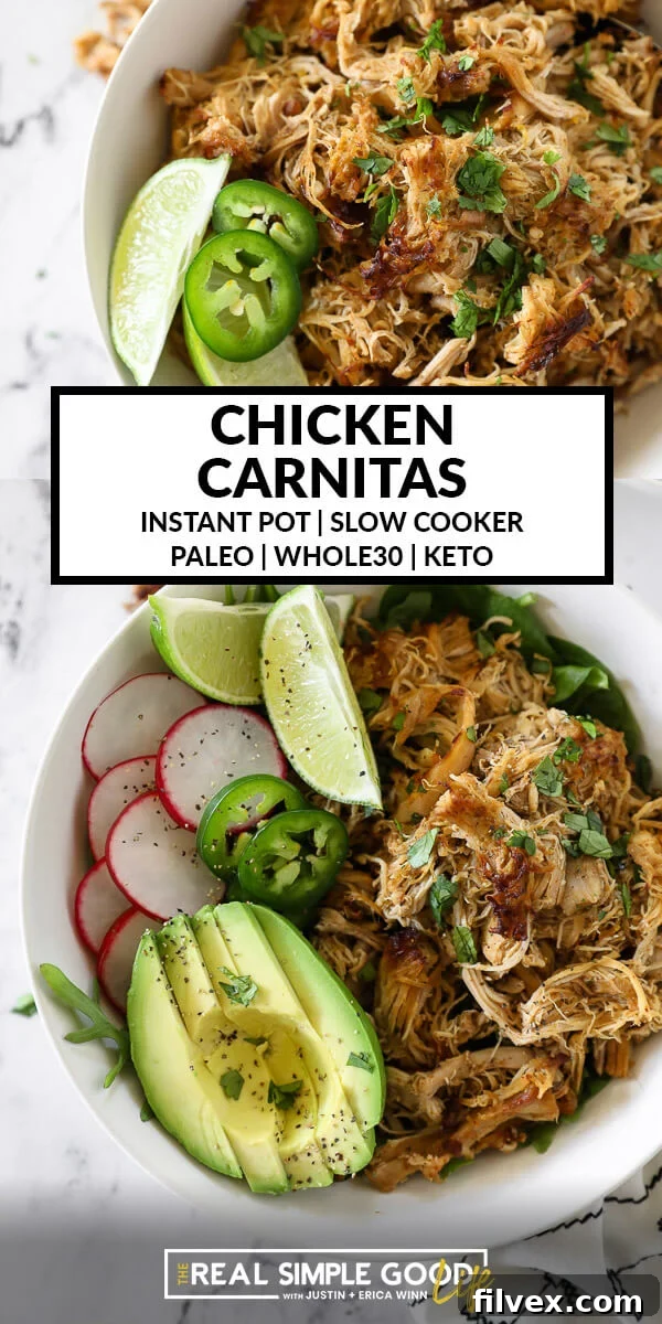 A vibrant overhead shot of a prepared sheet pan of crispy chicken carnitas, surrounded by fresh garnishes, ready to be served. Ideal for Paleo, Whole30, and Keto diets.