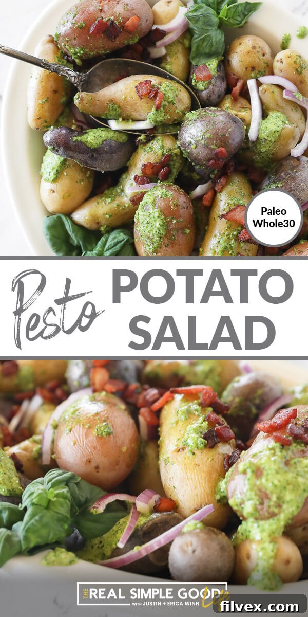 Split image with text in the middle. Close-up of potato salad in a bowl with a spoon on top, and another close-up angle of potato salad on the bottom.