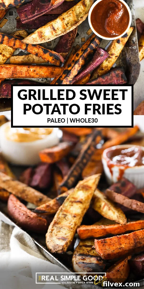 A dynamic vertical split image showcasing grilled sweet potato fries. The top panel features an overhead view of fries on a pan with ketchup, while the bottom panel offers a close-up, angled shot of the crispy fries.