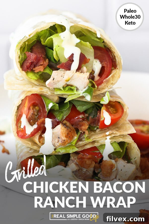 Large image showing a stack of grilled chicken bacon ranch wraps with ranch sauce, ready to be served and enjoyed.