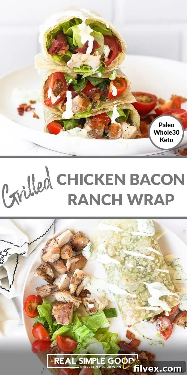 Split image showing three chicken bacon ranch wraps stacked on a plate on the top half, and a single wrap with ranch drizzle and fresh ingredients like chicken, lettuce, and bacon on the side on the bottom half, emphasizing visual appeal.