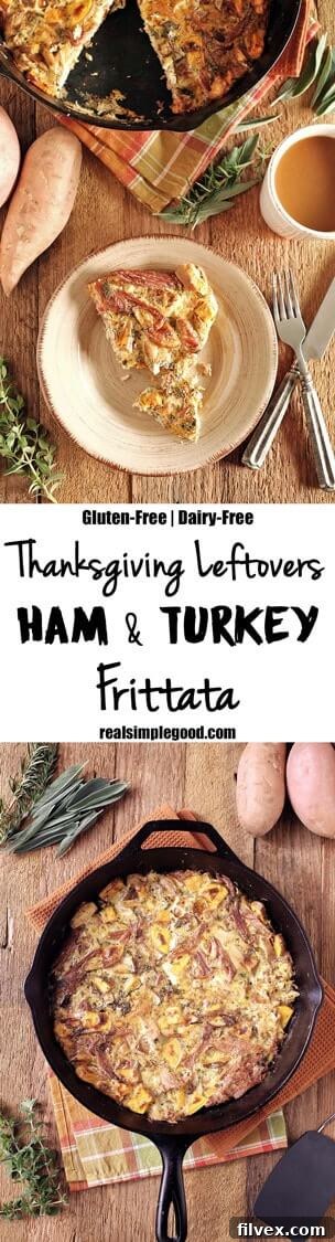 Easy and healthy Ham and Turkey Frittata recipe, perfect for using up Thanksgiving leftovers. This breakfast dish is Paleo, Whole30, and Keto, packed with protein and fresh ingredients like sweet potato and herbs. realsimplegood.com