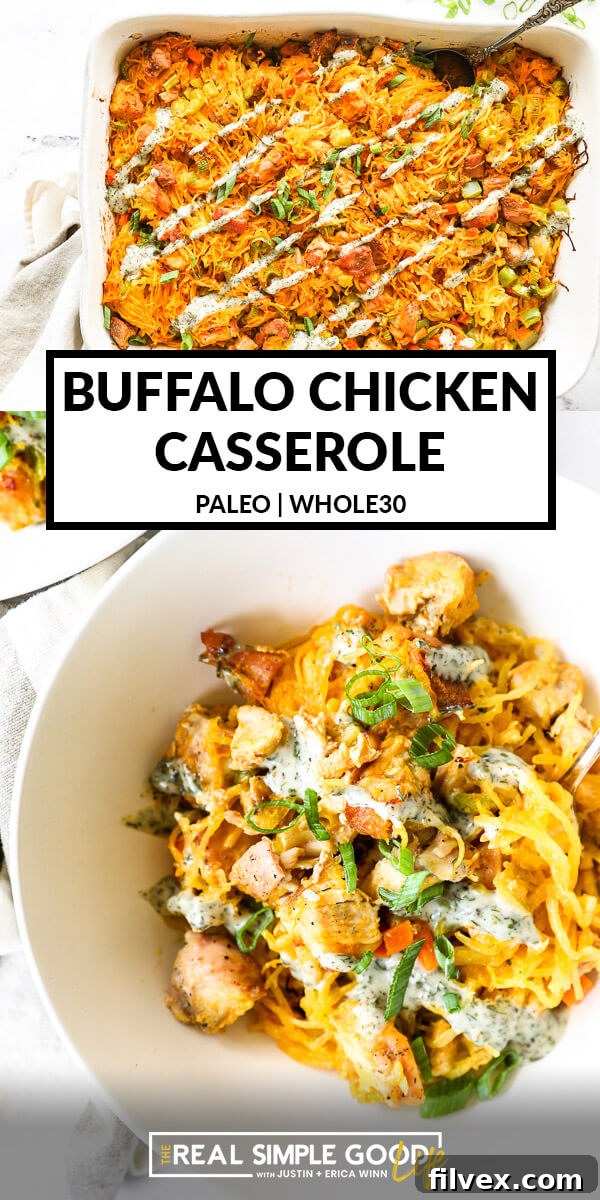Vertical split image showcasing buffalo chicken casserole in its dish at the top, and a serving portion in a bowl at the bottom, with a text overlay in the middle.