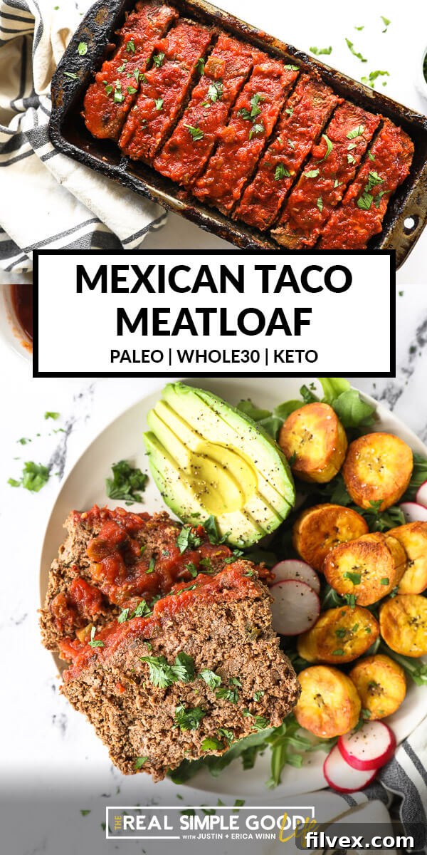 Split image with text in middle. Sliced taco meatloaf in pan on top and slices of meatloaf on a plate with avocado, greens and plantains on bottom, emphasizing versatility.