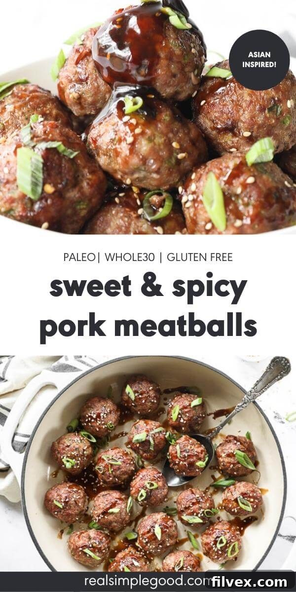 Split image featuring a close-up of sauced meatballs in a bowl on top, and an overhead shot of meatballs in a pan on the bottom, with descriptive text in the middle.