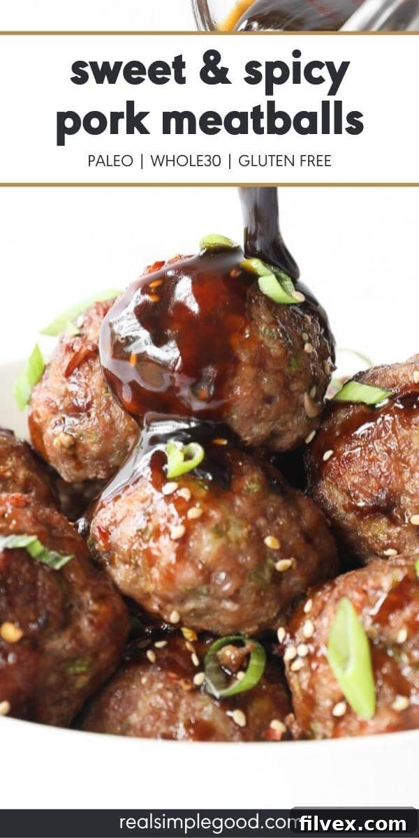 Straight-on shot of savory pork meatballs being generously drizzled with sticky Asian sauce, with an elegant text overlay at the top.