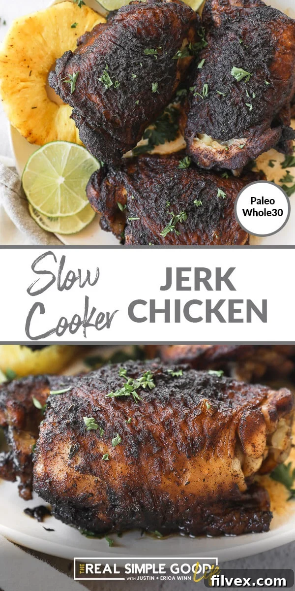 Split image design showing slow cooker jerk chicken on a plate with pineapple and lime on top, and a close-up, angled view on the bottom, with text in the middle.