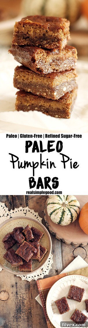 These pumpkin pie bars have a nutty and salty-sweet crust with a pumpkin pie filling. They are essentially fall all wrapped up into tasty little bars. Paleo, Gluten-Free, and Refined Sugar-Free. | realsimplegood.com