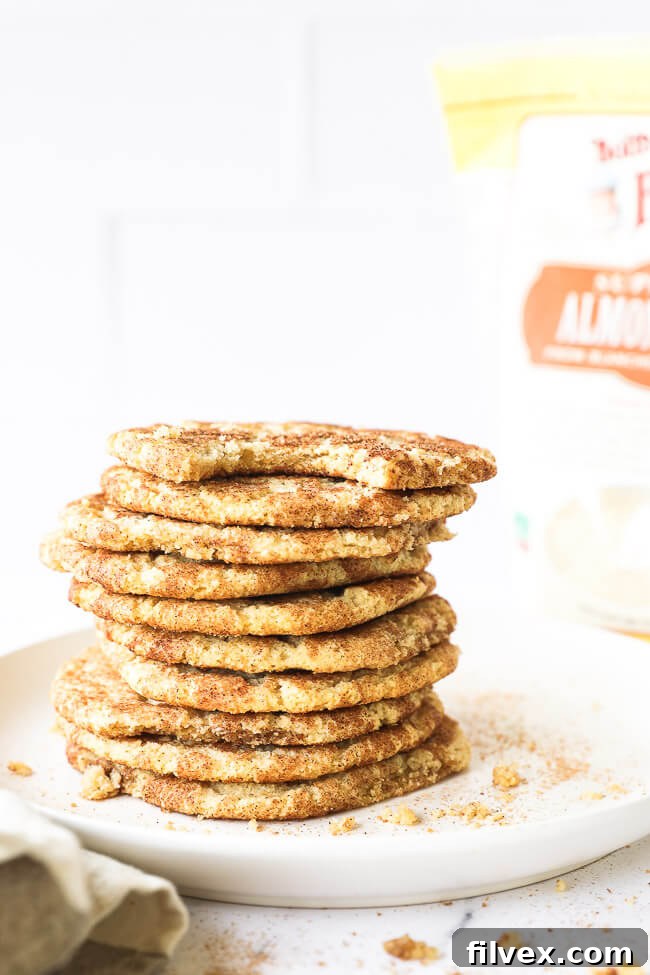 Vertical straight on image of a stack of gluten free snickerdoodles with the top cookie with a bite taken out of it. 
