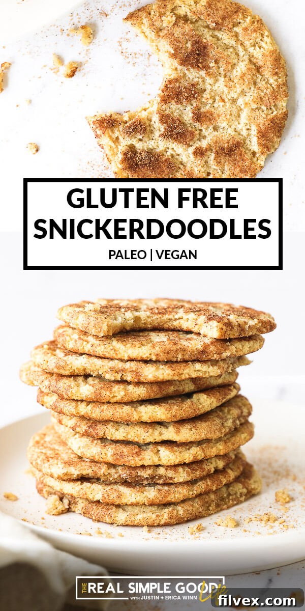 Vertical split image with text overlay in the middle. Top image is one cookie with a bite taken out of it. Bottom image of stack of snickerdoodles. 