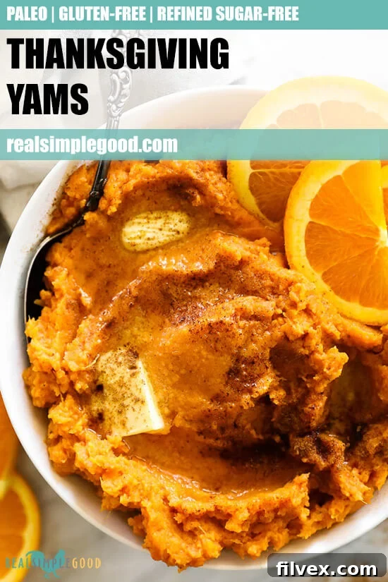 Close up image of Thanksgiving yams in a bowl with a serving spoon with text overlay at top. 
