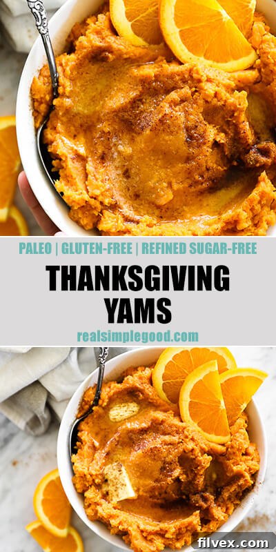 Two vertical images of Thanksgiving yams in a bowl with serving spoon. Text overlay in the middle. 