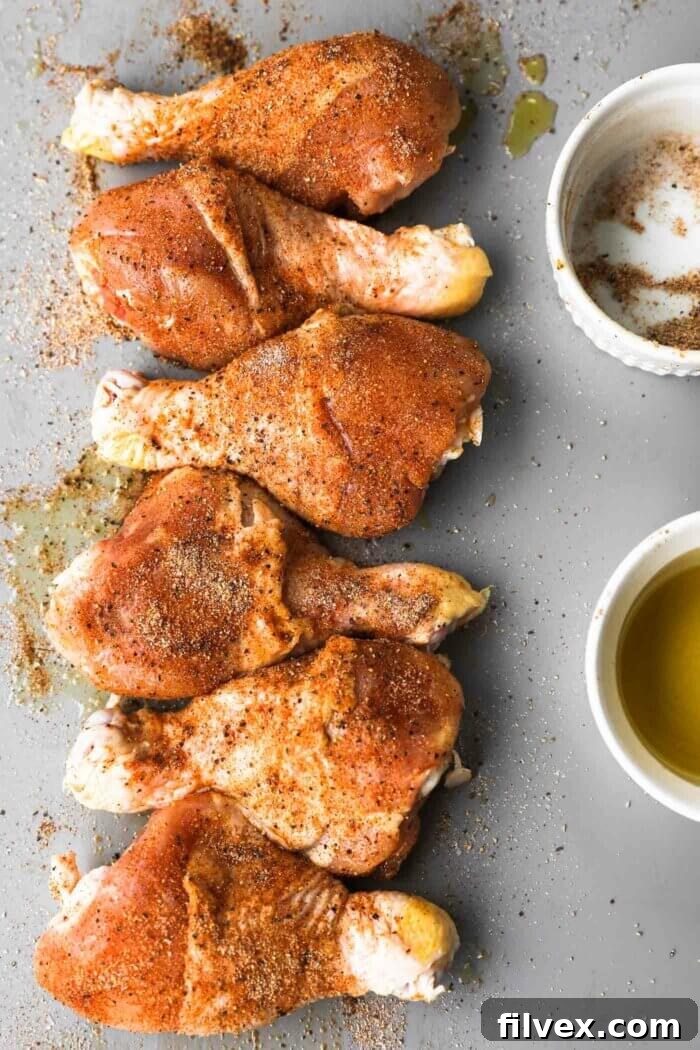 Seasoned chicken drumsticks ready for grilling, showing full coverage.