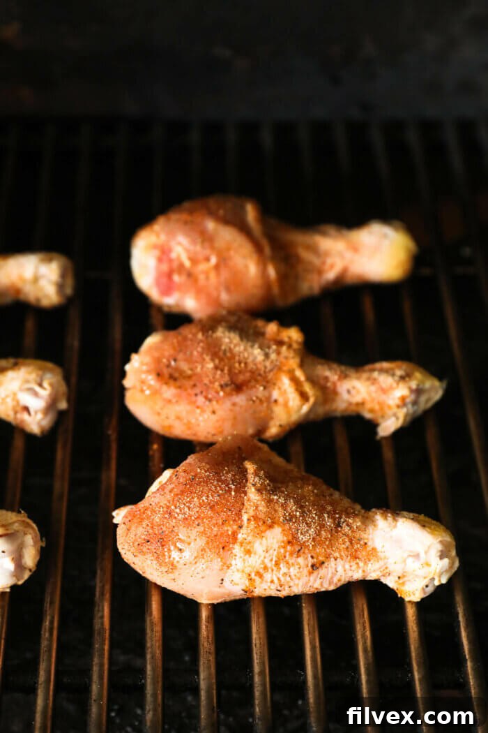 Chicken drumsticks placed on a hot grill.