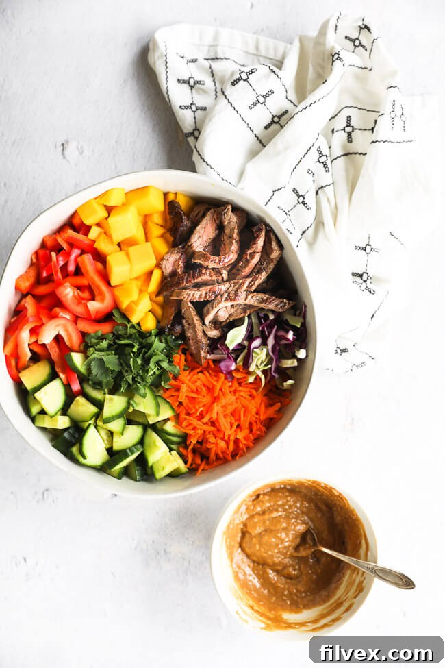 Thai beef salad in a large serving bowl made with cabbage, bell pepper, cucumber, cilantro, carrots, mango and skirt steak. Cashew sauce on the side.
