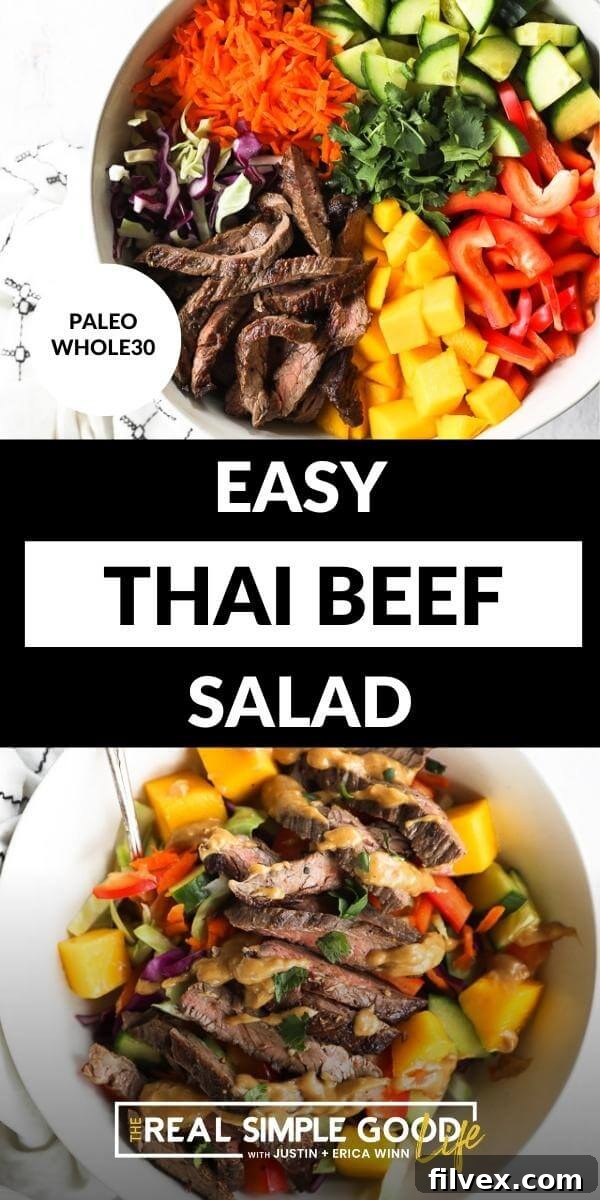 Vertical split image with text overlay in the middle. Top image of deconstructed thai beef salad in a bowl before being mixed together. Bottom image of salad served in a bowl with extra sauce drizzled on top.