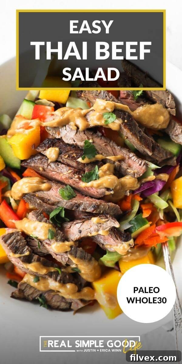 Close up vertical image with text overlay at the top. Thai beef salad served in a bowl with cashew sauce drizzled on top.
