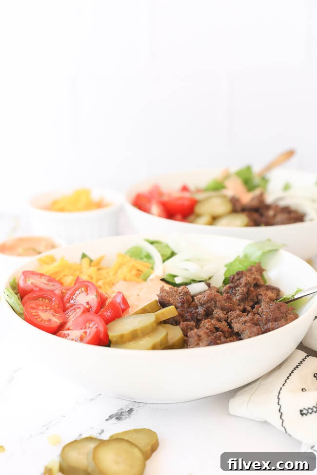 Straight on image of two salad bowls with ingredients separate out in the bowls. 