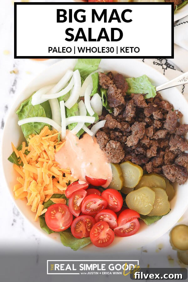 Image with text at top of salad with ingredients separated out and sauce in middle