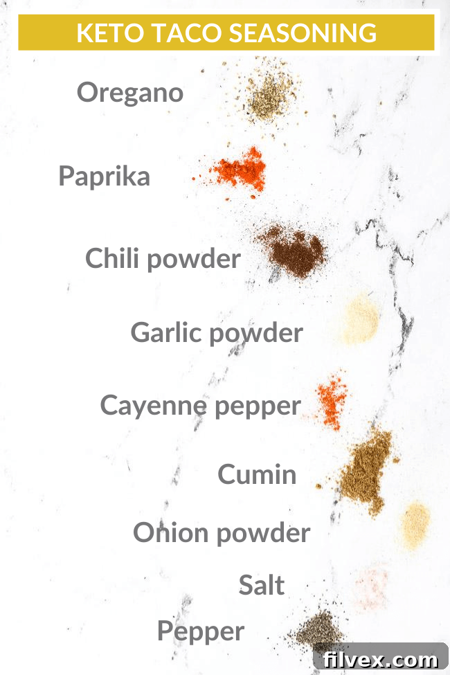 Keto taco seasoning ingredients individually spread out on marble with text overlay