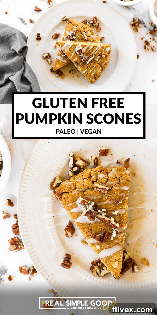 Vertical split image with text overlay in the middle. Top image of two gluten-free and vegan pumpkin scones on a plate. Bottom image close up of one scone on a plate. Icing and chopped pecans on top.