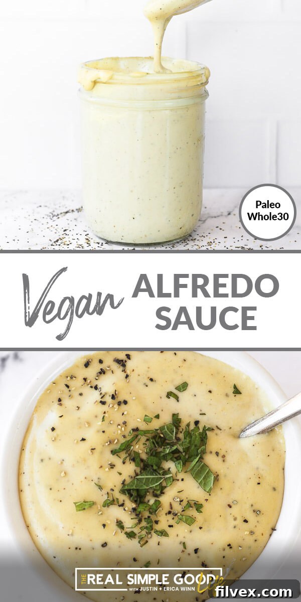 Vertical split image with text overlay in the middle. Top image of vegan Alfredo sauce in mason jar. Bottom image is close up of sauce in a ramekin with chopped lemon balm and cracked pepper on top. 