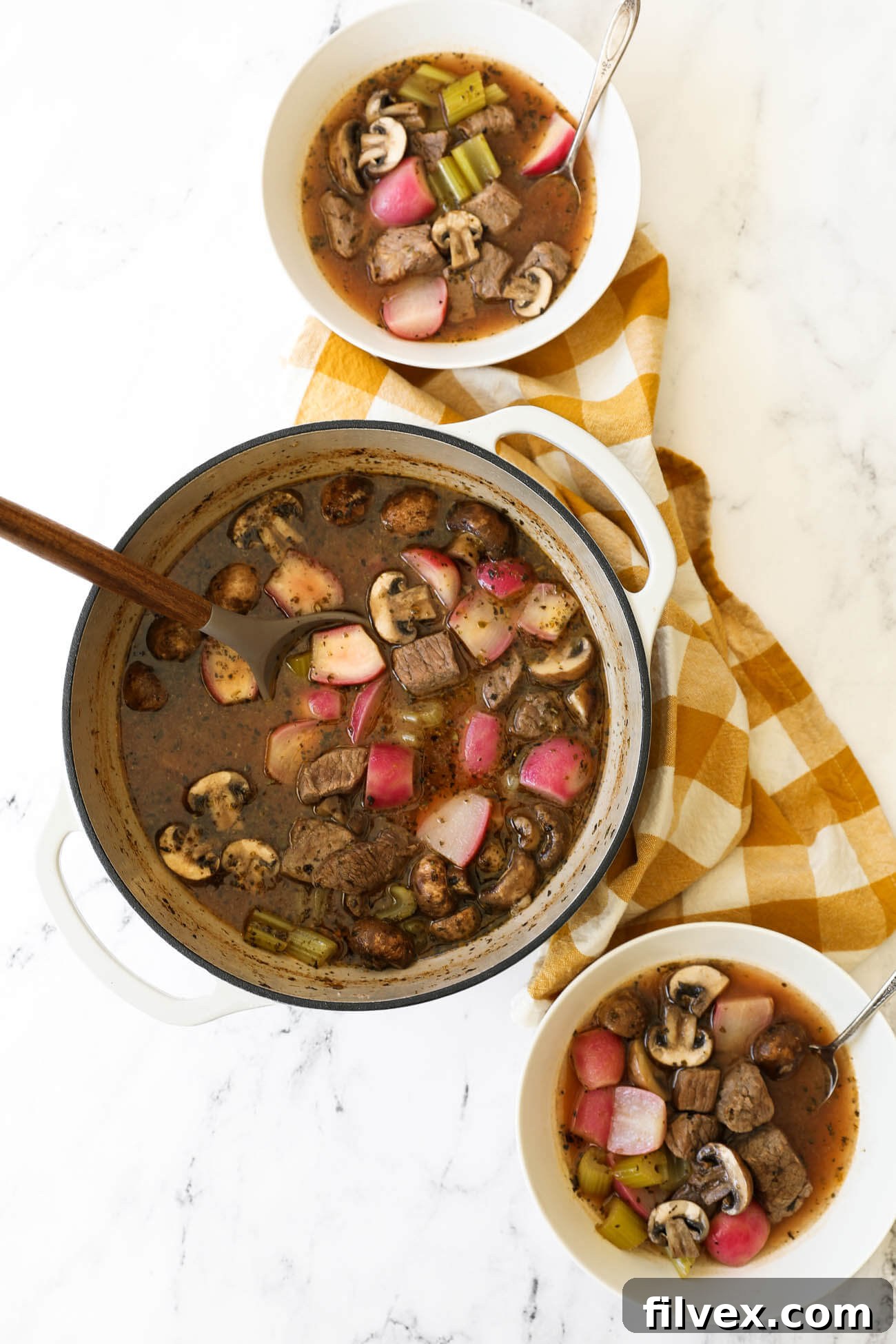 Close-up of a serving of keto beef stew, highlighting the tender beef and vibrant vegetables