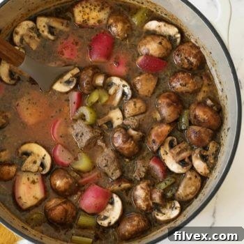 Overhead shot of keto beef stew in a dutch oven with mushrooms, celery and radishes