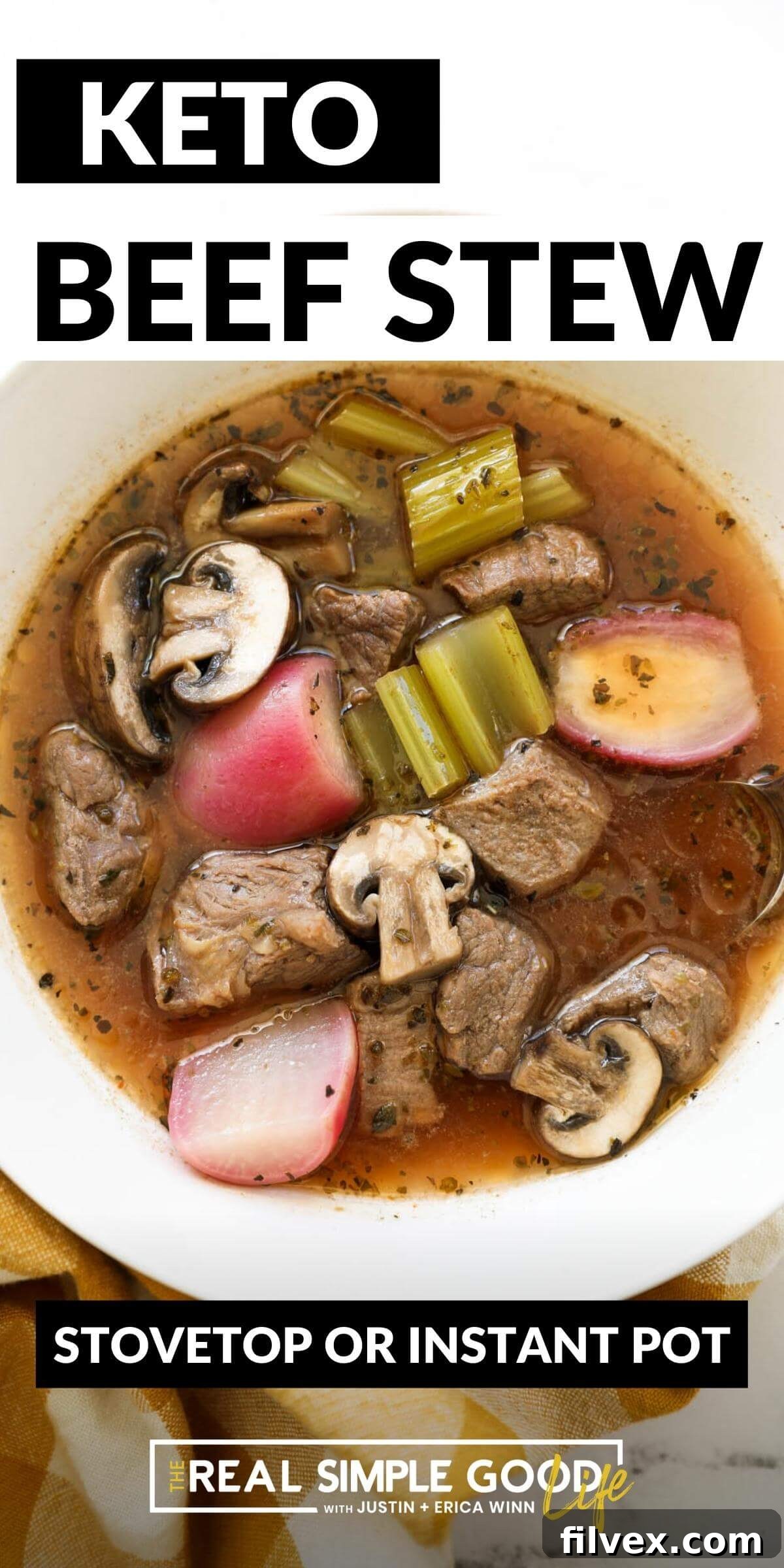 Beautifully presented low-carb beef stew, showcasing its rich texture and wholesome ingredients