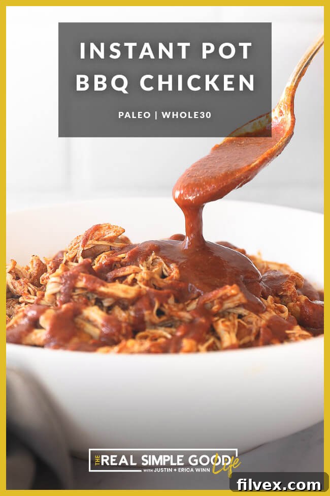 Instant pot bbq shredded chicken in a bowl with sauce pouring in from a spoon