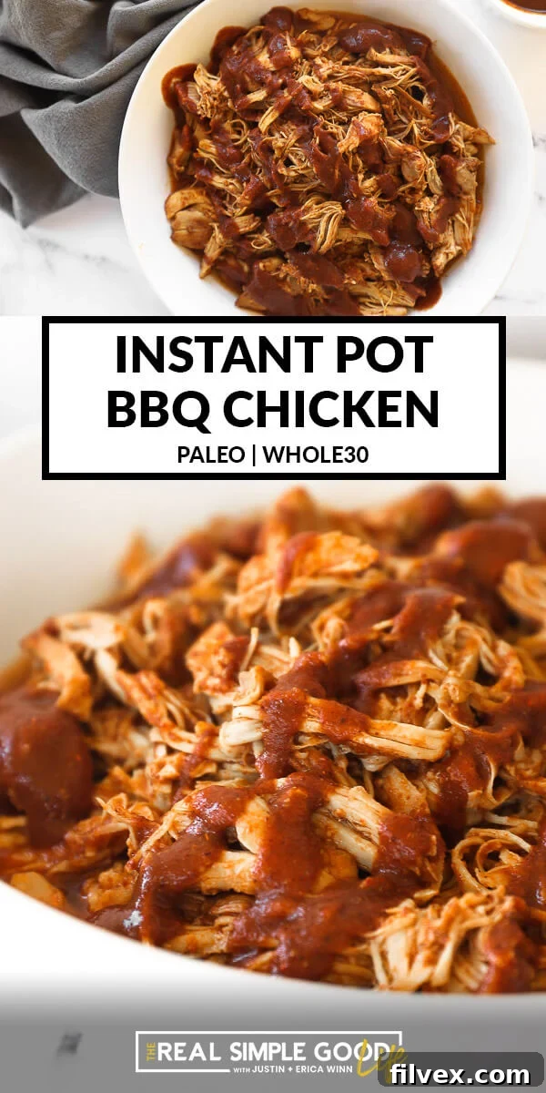 Split image with text in middle. Overhead image of shredded chicken in a bowl on top and close up image of chicken covered in bbq sauce on the bottom
