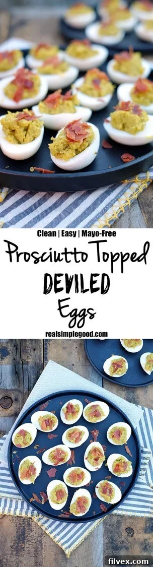 A delicious and healthy snack, these Mayo Free Deviled Eggs combine creamy avocado with crispy prosciutto, perfect for Paleo, Gluten-Free diets.