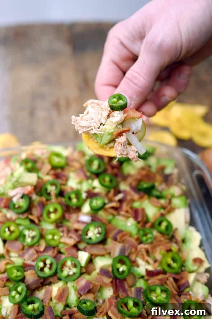 A vibrant and flavorful Paleo, Whole30, and Keto seven-layer dip, featuring shredded chicken, avocado, and bacon instead of traditional dairy. Perfect for healthy entertaining.