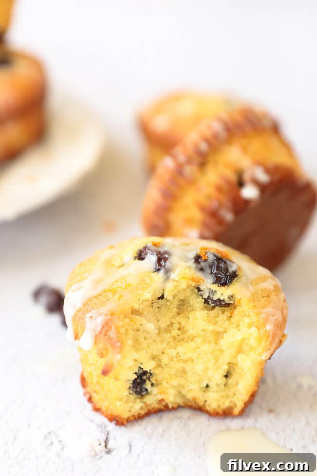 Close-up of a freshly baked gluten-free orange cranberry muffin with a bite taken out, showcasing the moist interior and vibrant cranberry pieces.