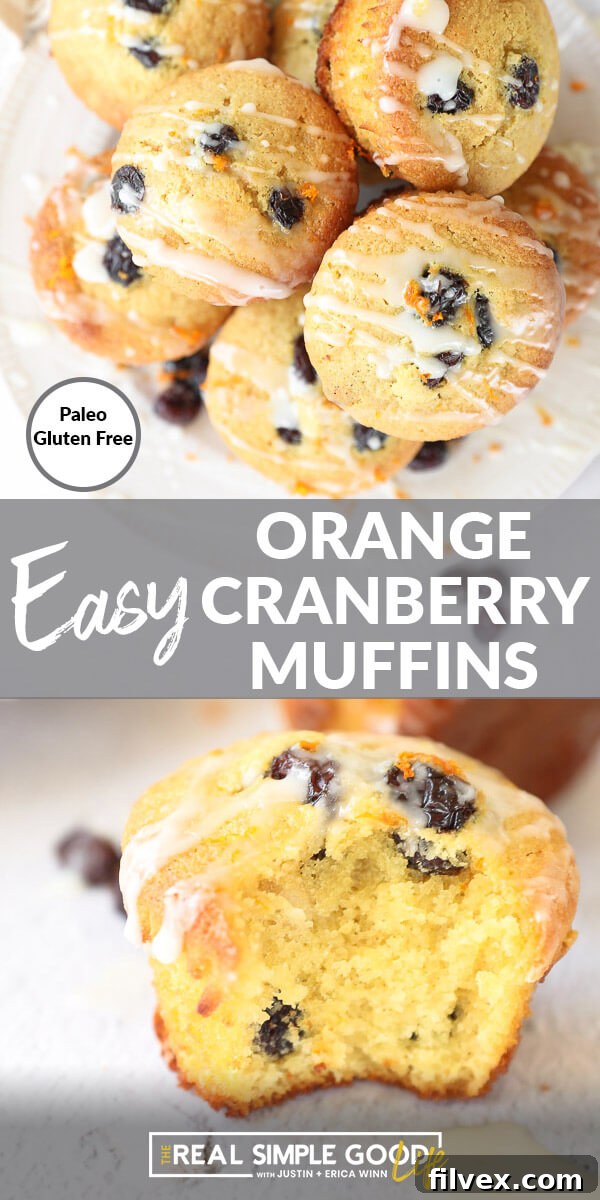 Vertical split image featuring an overhead shot of gluten-free orange cranberry muffins on a plate, paired with a close-up of a muffin with a bite taken out.