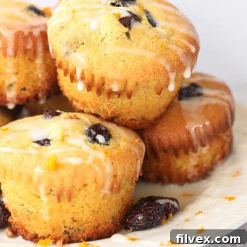 A top-down view of a delightful orange cranberry muffin, showcasing its golden crust and the sweet glaze drizzled over it.