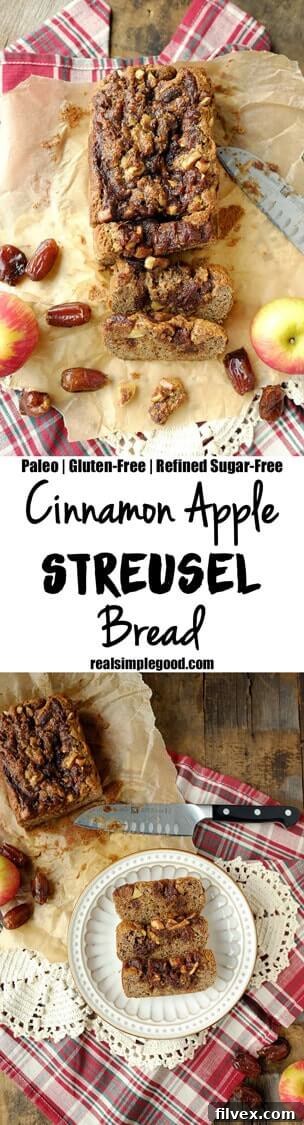 A graphic reminding readers to share their Paleo Cinnamon Apple Streusel Bread on Instagram with #realsimplegood.