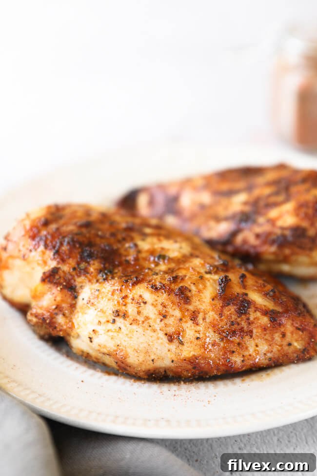 Close up angle image of two chicken breasts on a plate.