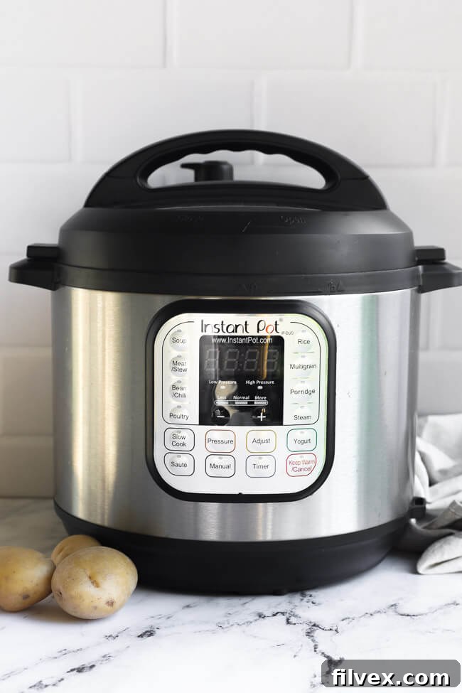 Straight-on view of the sleek Instant Pot Duo 6 Quart multi-use electric pressure cooker on a kitchen counter.