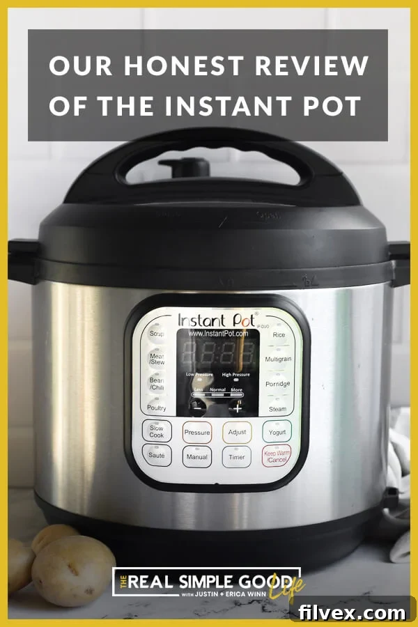 Close-up, straight-on image of an Instant Pot Duo with header text above.