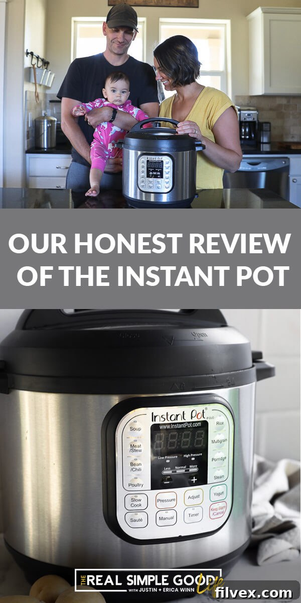 Split image featuring a family in the kitchen with an Instant Pot on the top panel and a close-up of the Instant Pot on the bottom panel, with text in the middle.