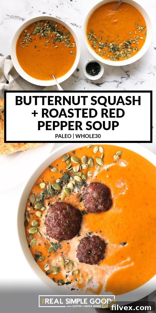 Vertical split image with text in the middle. Top image of two bowls of soup with spoons in them. Bottom image close up of one bowl of butternut squash and roasted red pepper soup with meatballs. 