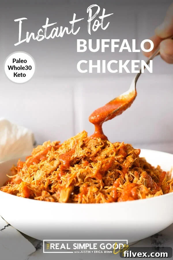 Bowl of buffalo chicken with spoon pouring on sauce and text at top