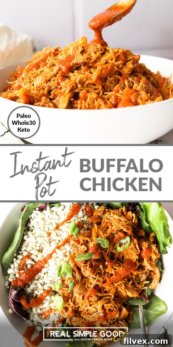 Split image with text in middle. Shredded chicken in bowl with sauce pouring in on top and buffalo chicken over greens and cauliflower rice on bottom.