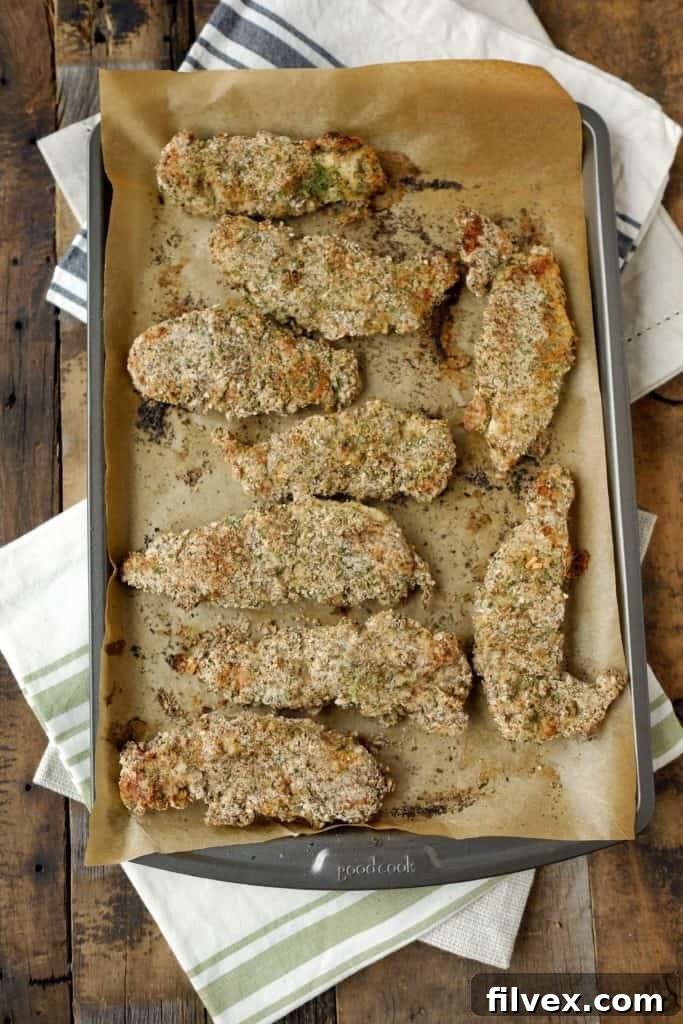 Crispy baked ranch chicken tenders, fresh out of the oven.