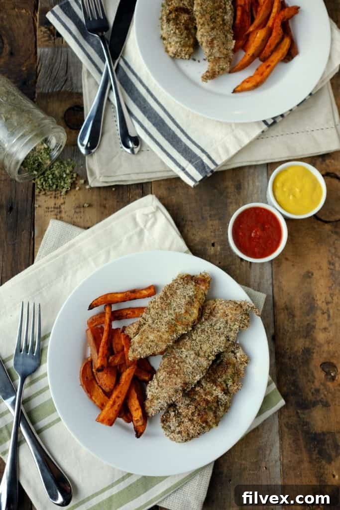 Baked ranch chicken tenders served with sweet potato fries.
